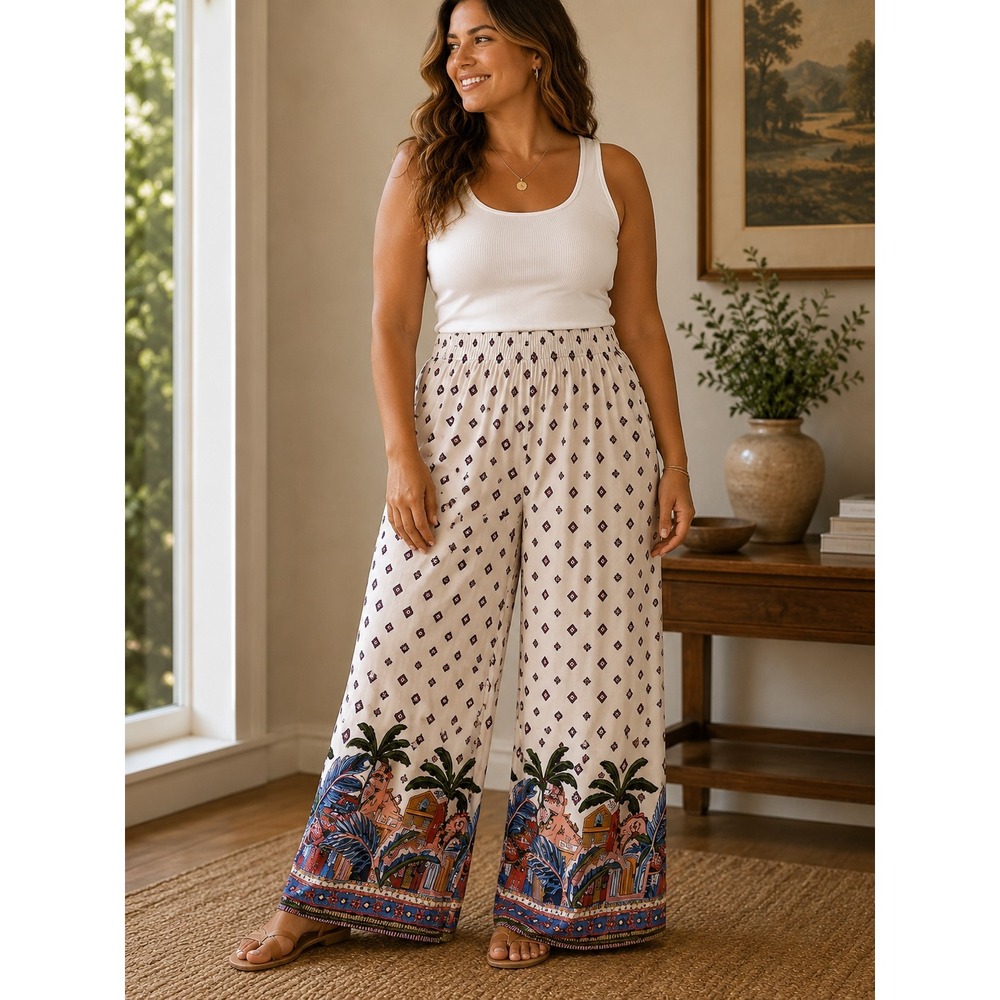Love Wish Womens Large Wide Leg Tropical‎ Border Print Rayon Elastic Waist Pants